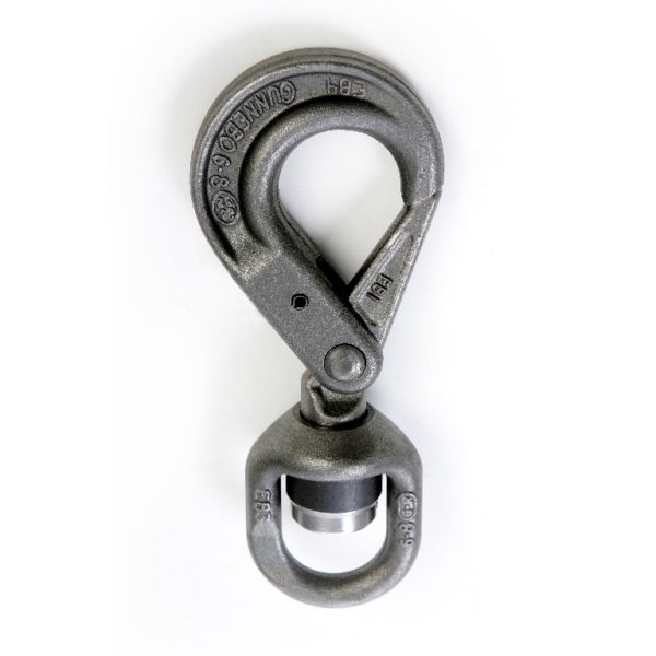 Hook on swivel for aerial ropes - with ball bearings